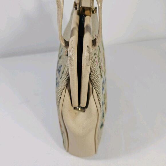 Vintage 1950's Mid Century Needlepoint Floral Purse Handbag Pocket Beige - Picture 2 of 13